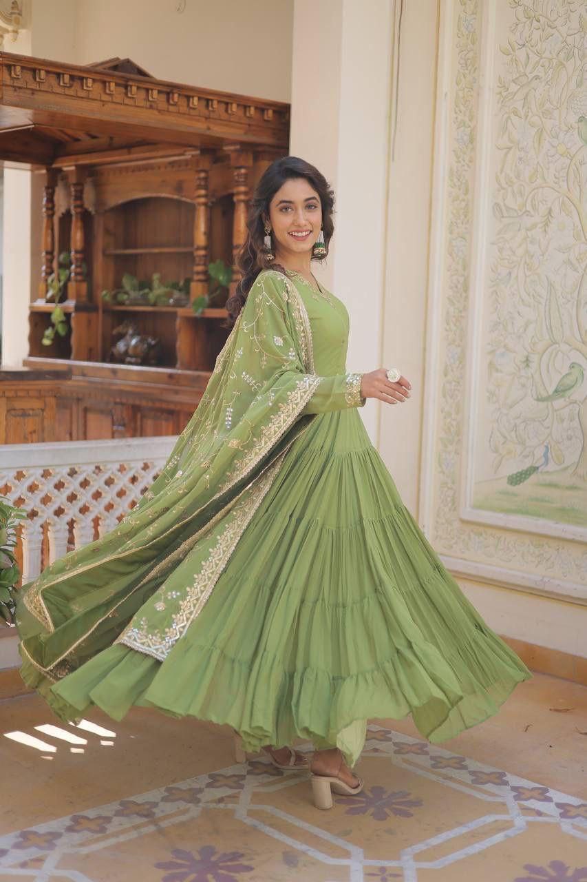 Parrot Green Anarkali Dupatta Set Roohri