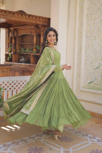 Parrot Green Anarkali Dupatta Set Roohri