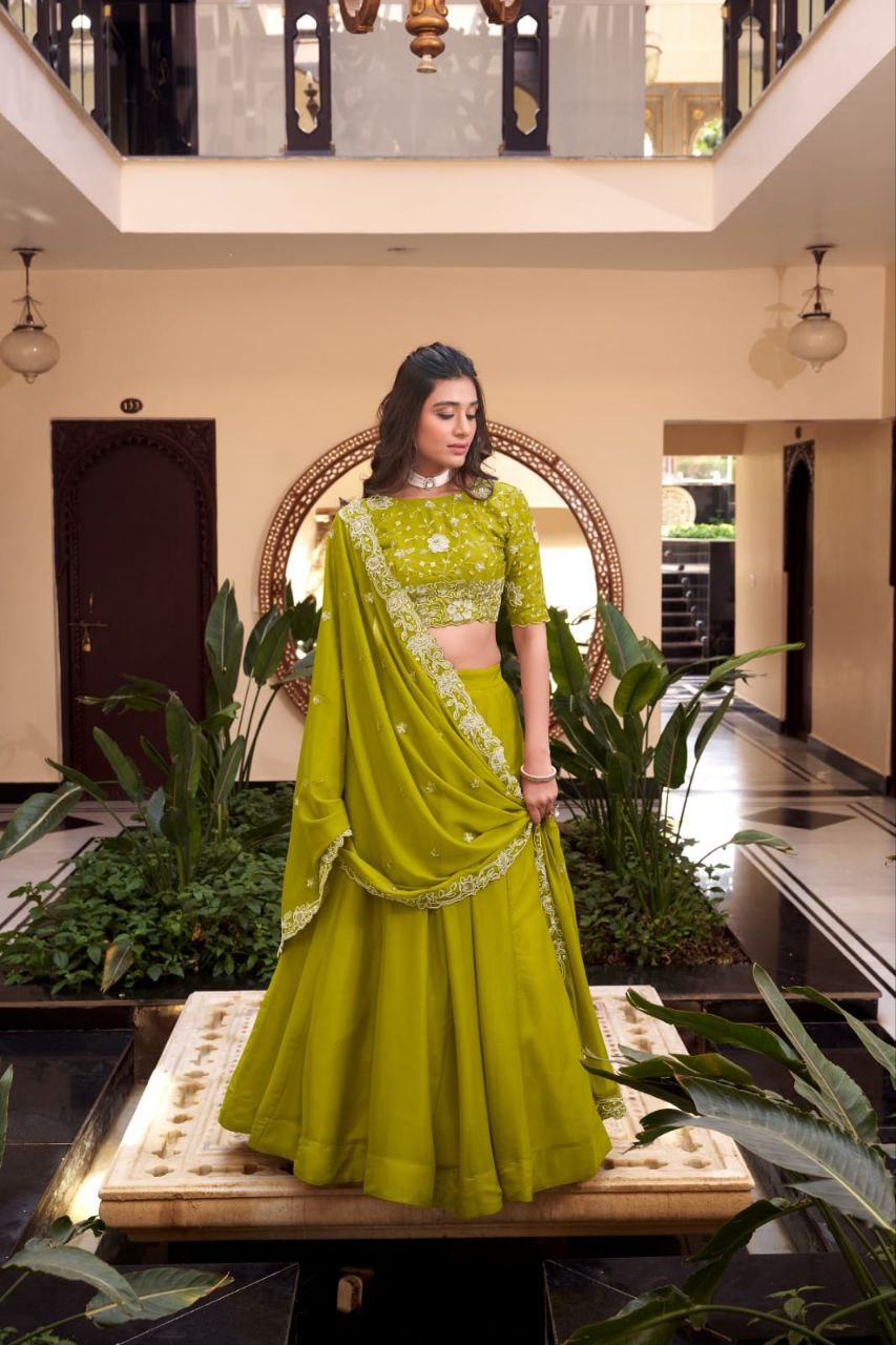 Parrot Green Crush Silk Lehenga Choli Set Roohri