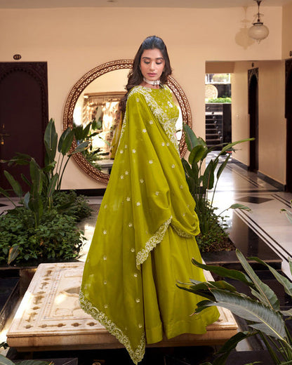 Parrot Green Crush Silk Lehenga Choli Set Roohri