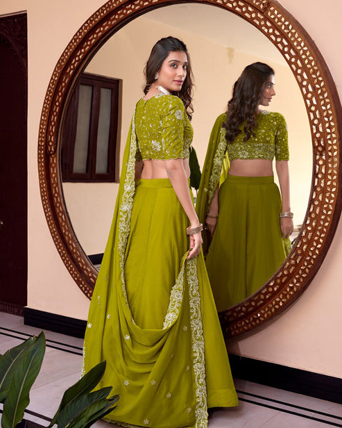 Parrot Green Crush Silk Lehenga Choli Set Roohri