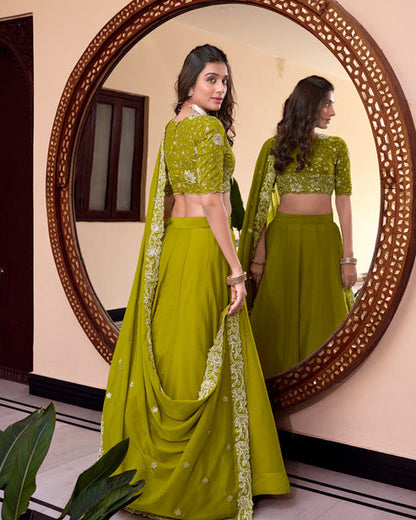 Parrot Green Crush Silk Lehenga Choli Set Roohri