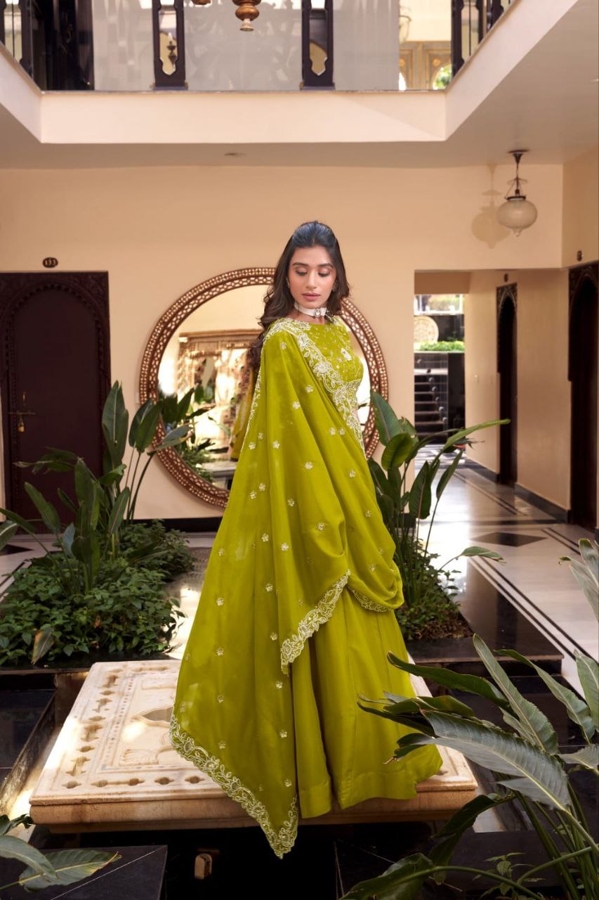 Parrot Green Crush Silk Lehenga Choli Set Roohri