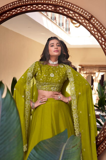Parrot Green Crush Silk Lehenga Choli Set Roohri