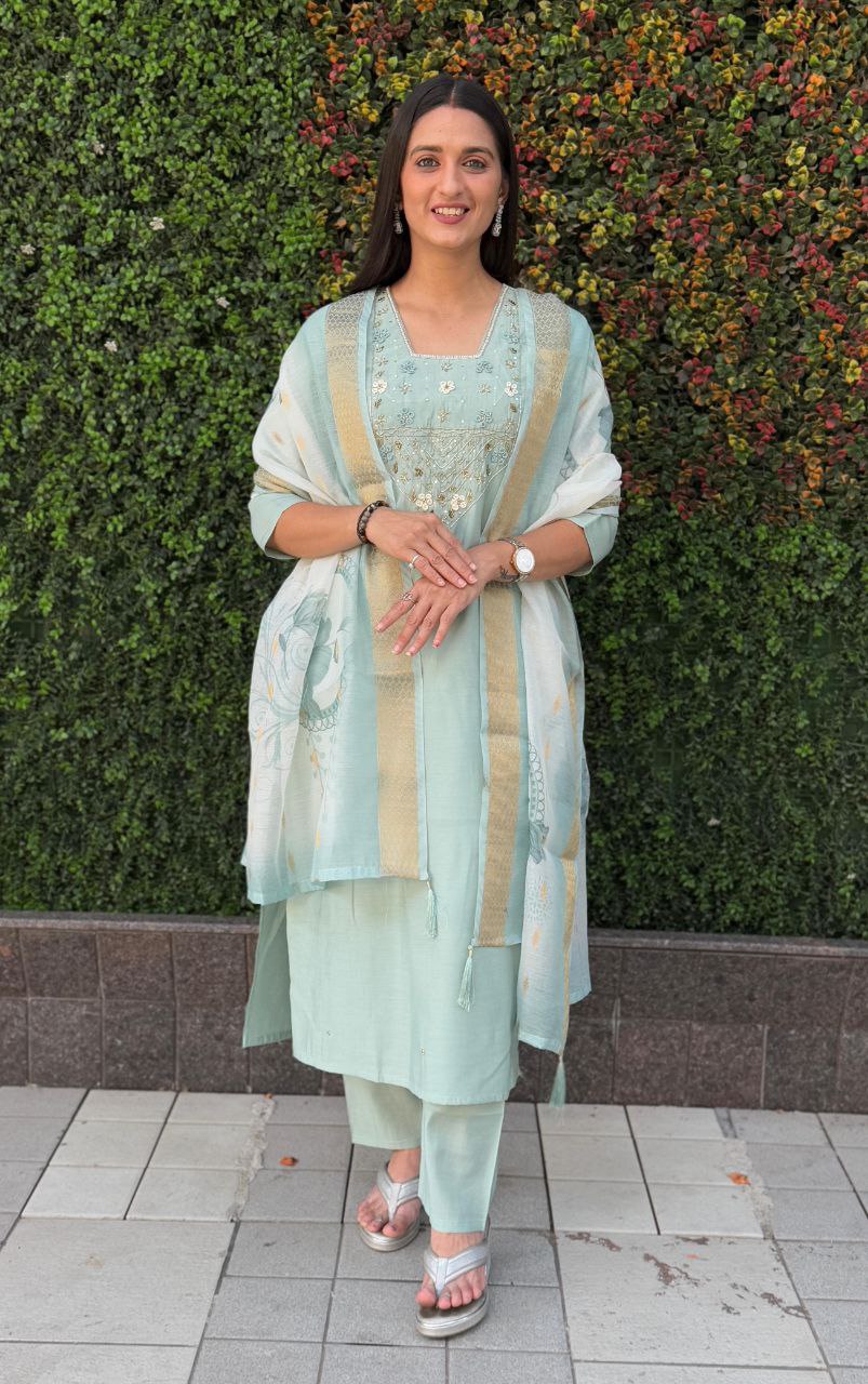 Pastel Green Embroidered Suit Set Roohri