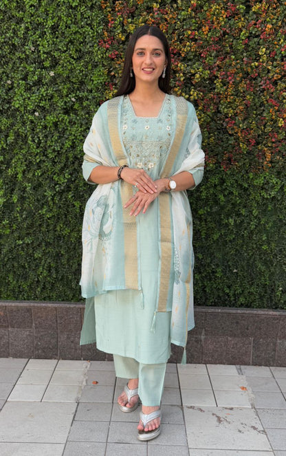 Pastel Green Embroidered Suit Set Roohri