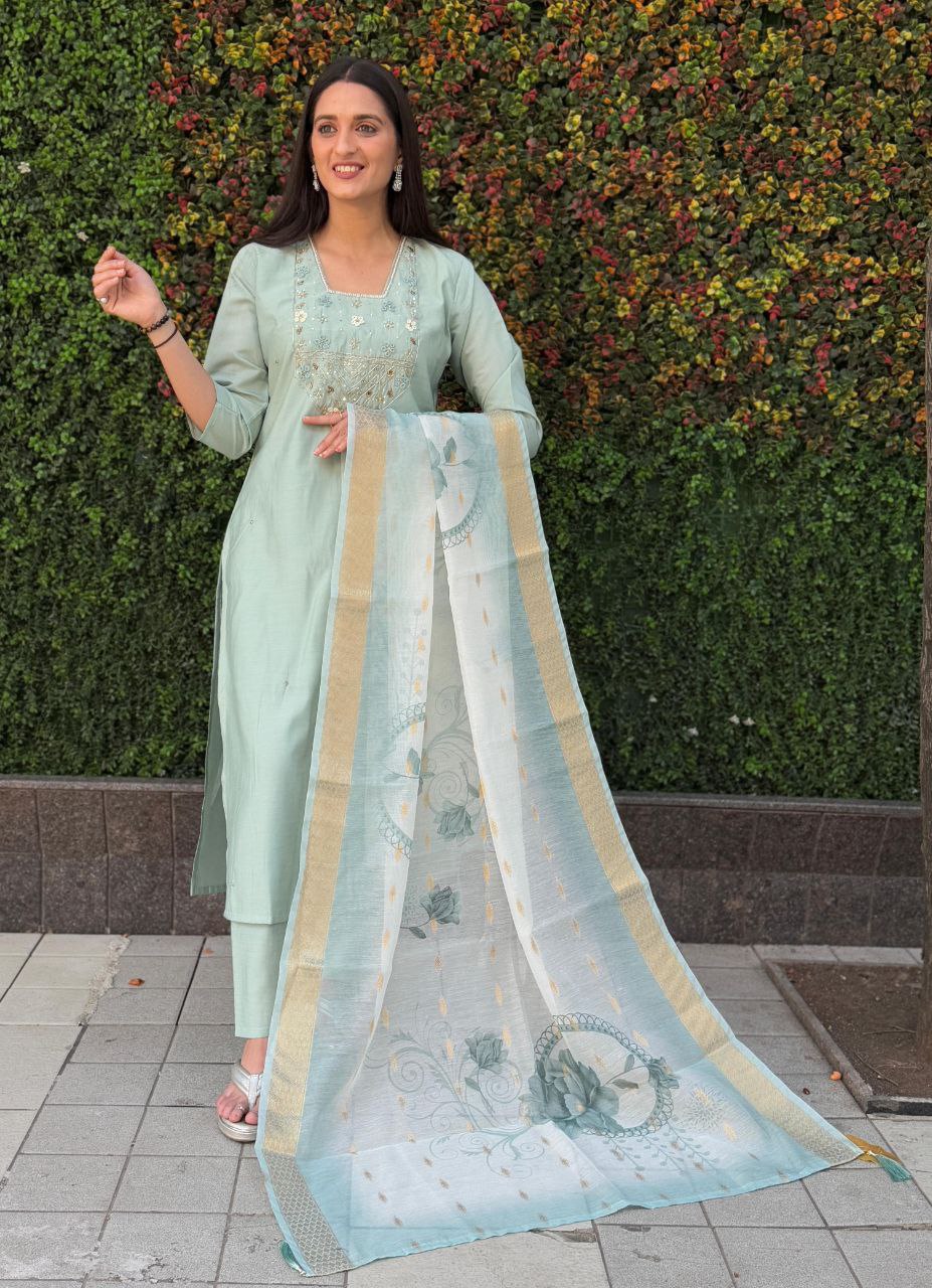 Pastel Green Embroidered Suit Set Roohri
