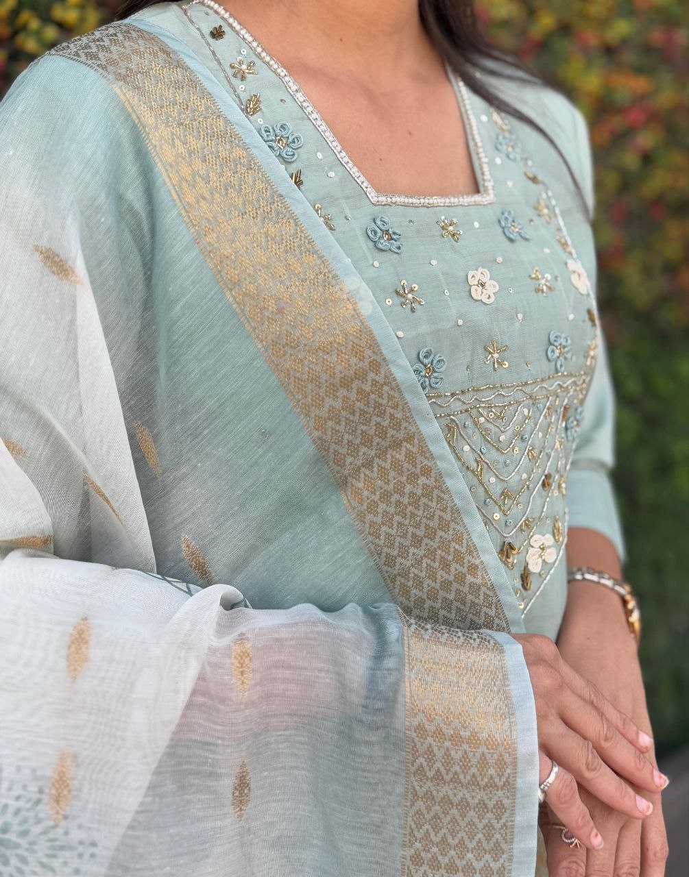 Pastel Green Embroidered Suit Set Roohri