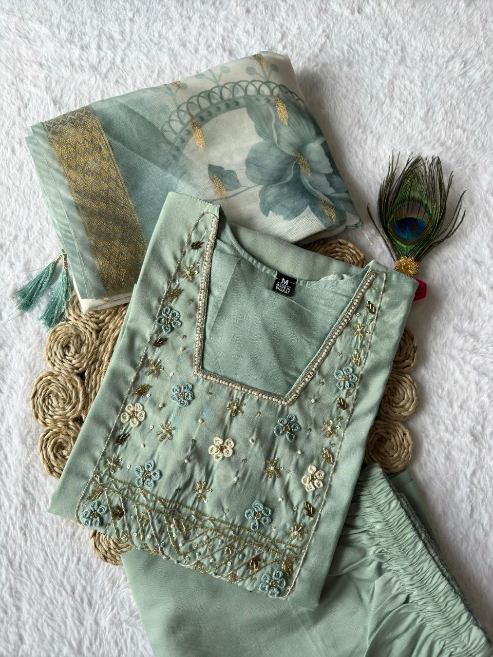 Pastel Green Embroidered Suit Set Roohri