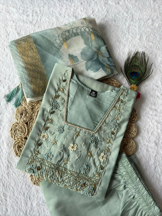 Pastel Green Embroidered Suit Set Roohri
