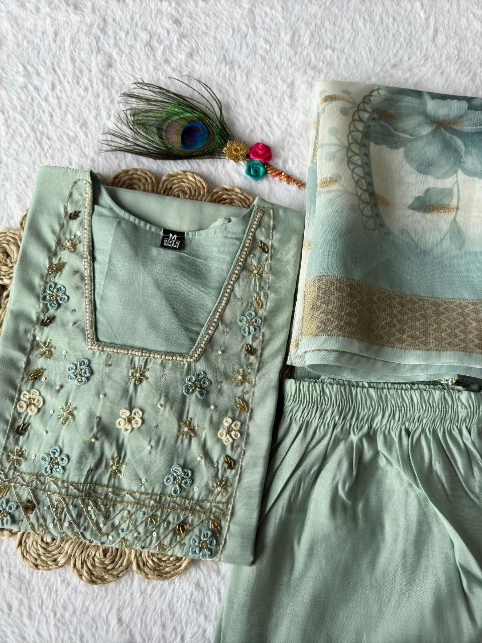 Pastel Green Embroidered Suit Set Roohri