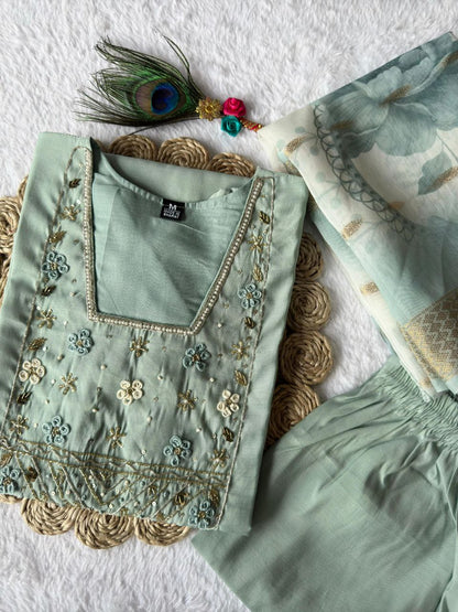 Pastel Green Embroidered Suit Set Roohri
