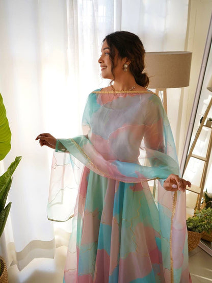 Pastel Organza Silk Anarkali Dupatta Set Roohri