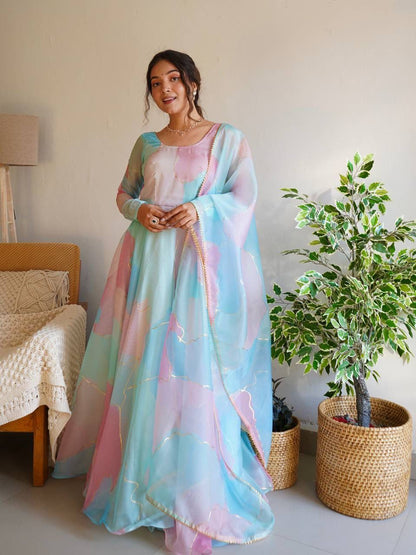 Pastel Organza Silk Anarkali Dupatta Set Roohri