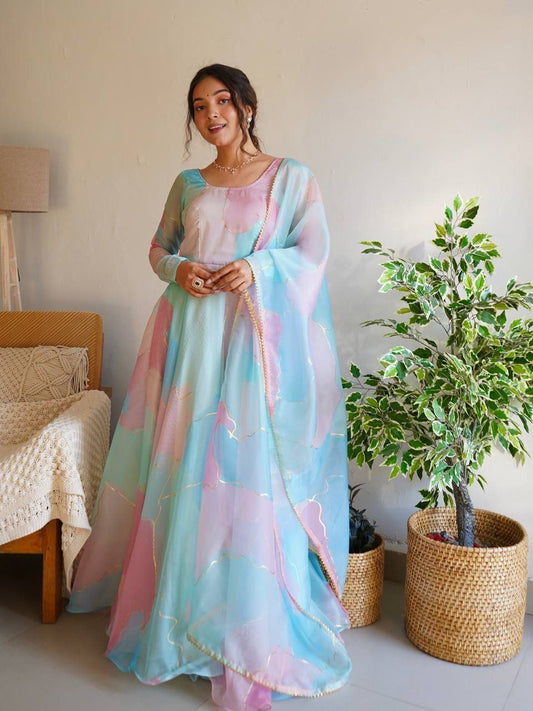 Pastel Organza Silk Anarkali Dupatta Set Roohri