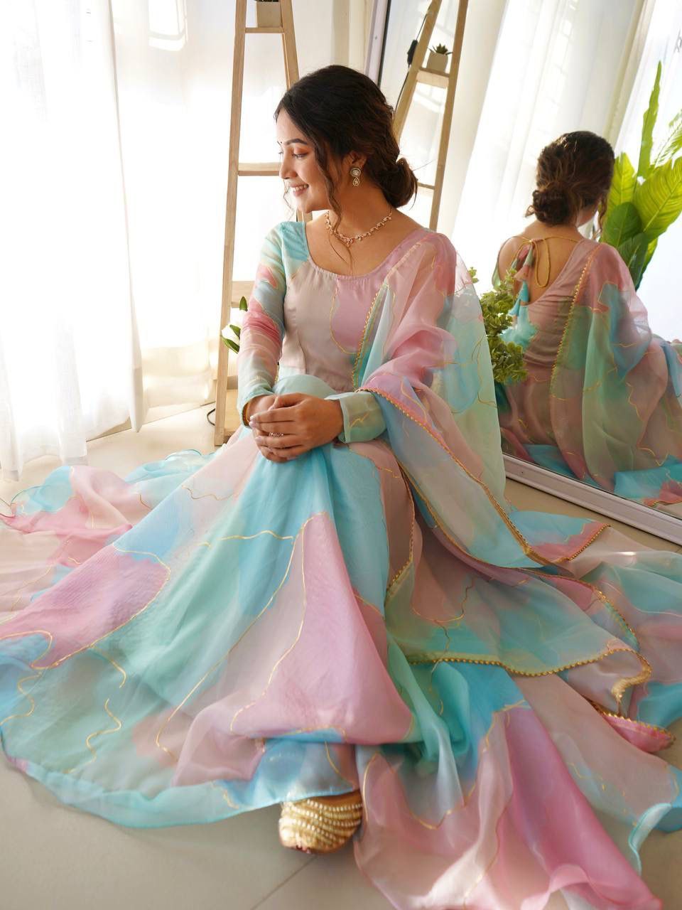 Pastel Organza Silk Anarkali Dupatta Set Roohri