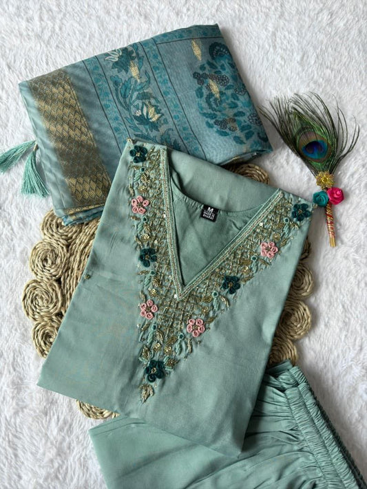 Pastel Sea Green Embroidered Suit Set Roohri