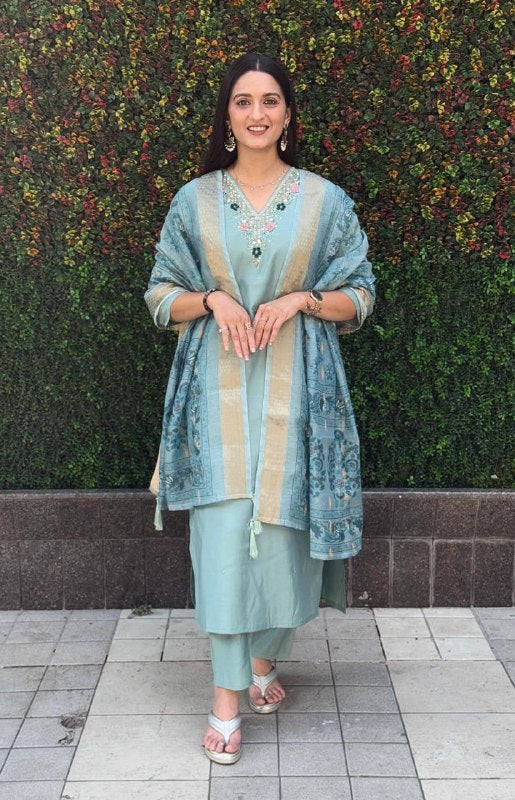 Pastel Sea Green Embroidered Suit Set Roohri