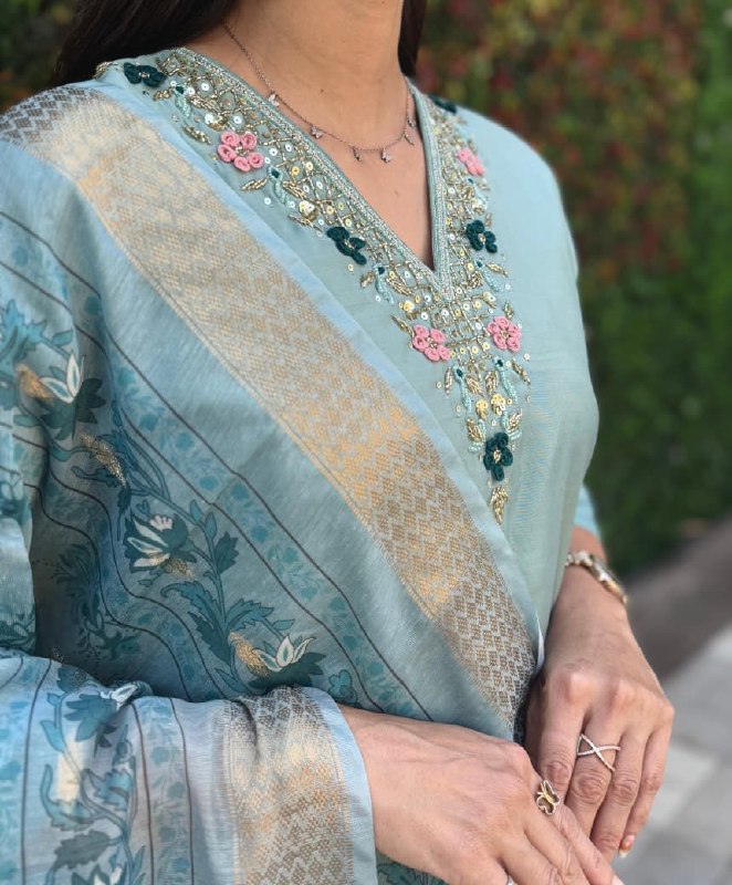 Pastel Sea Green Embroidered Suit Set Roohri