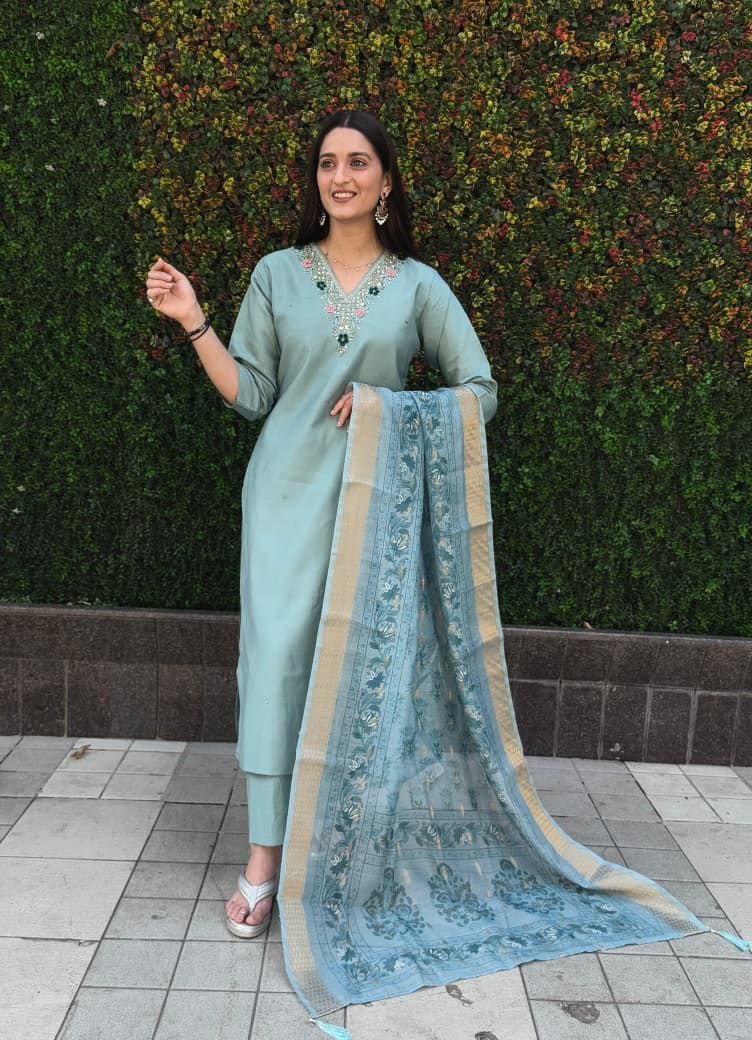 Pastel Sea Green Embroidered Suit Set Roohri