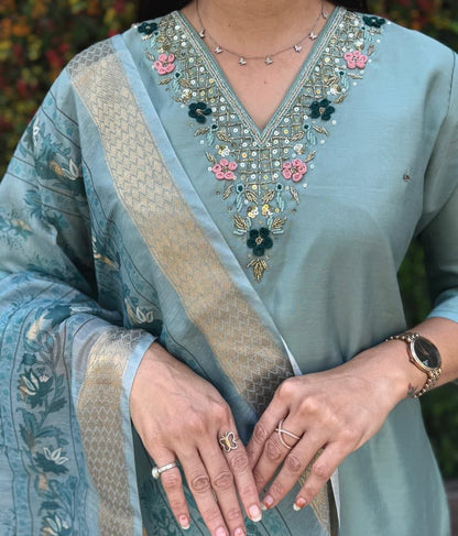 Pastel Sea Green Embroidered Suit Set Roohri