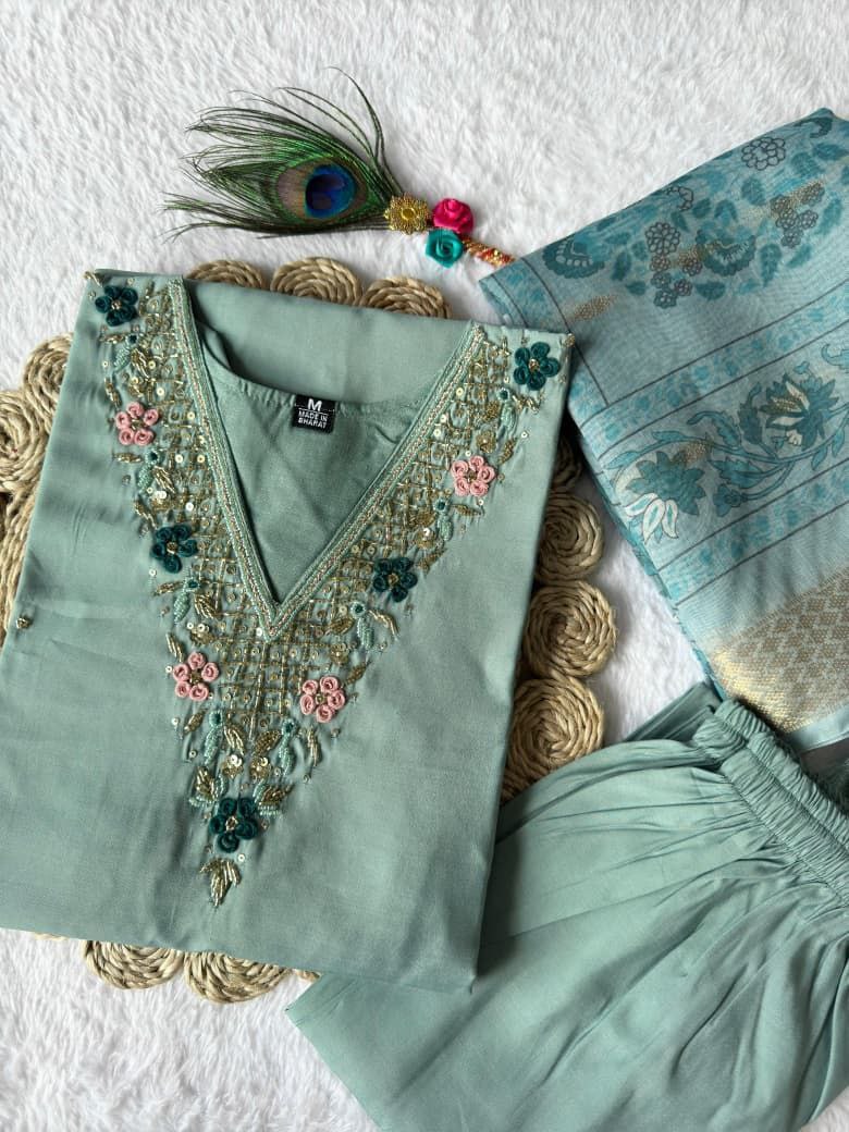 Pastel Sea Green Embroidered Suit Set Roohri