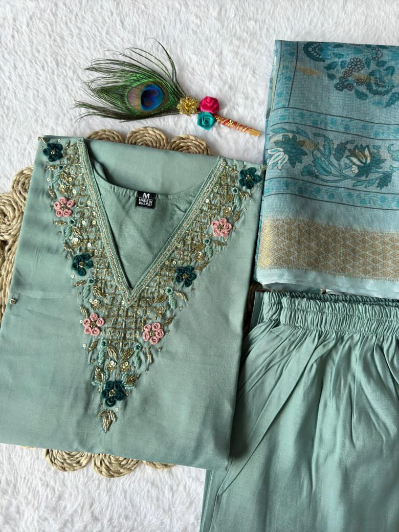 Pastel Sea Green Embroidered Suit Set Roohri