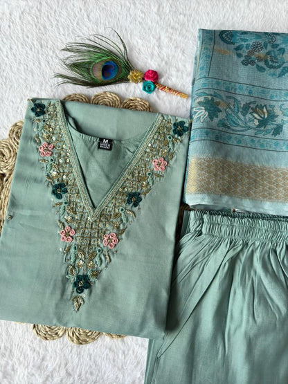 Pastel Sea Green Embroidered Suit Set Roohri