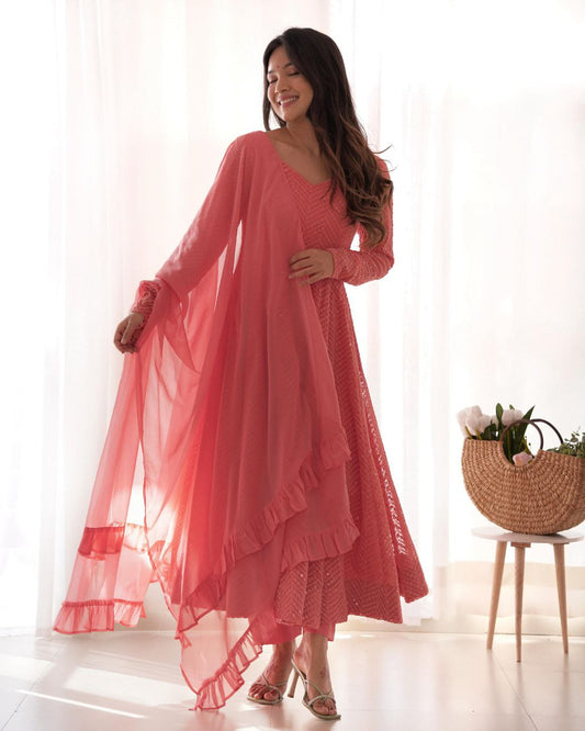 Peach Chikankari Anarkali Suit Set Roohri
