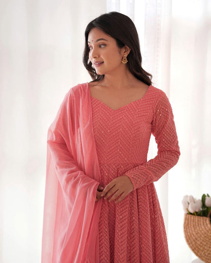 Peach Chikankari Anarkali Suit Set Roohri