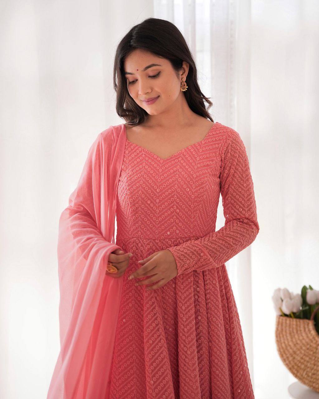 Peach Chikankari Anarkali Suit Set Roohri