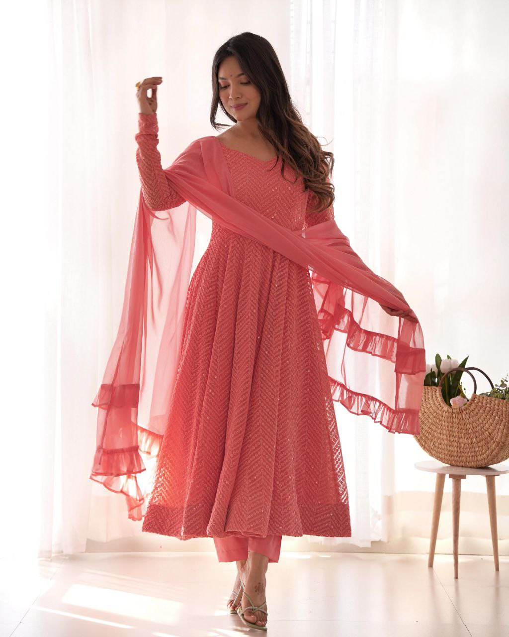 Peach Chikankari Anarkali Suit Set Roohri