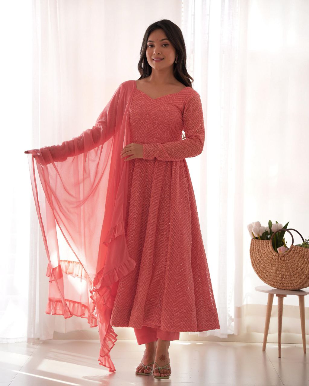 Peach Chikankari Anarkali Suit Set Roohri