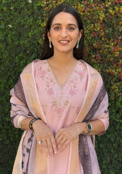 Peach Embroidered Suit Set Roohri