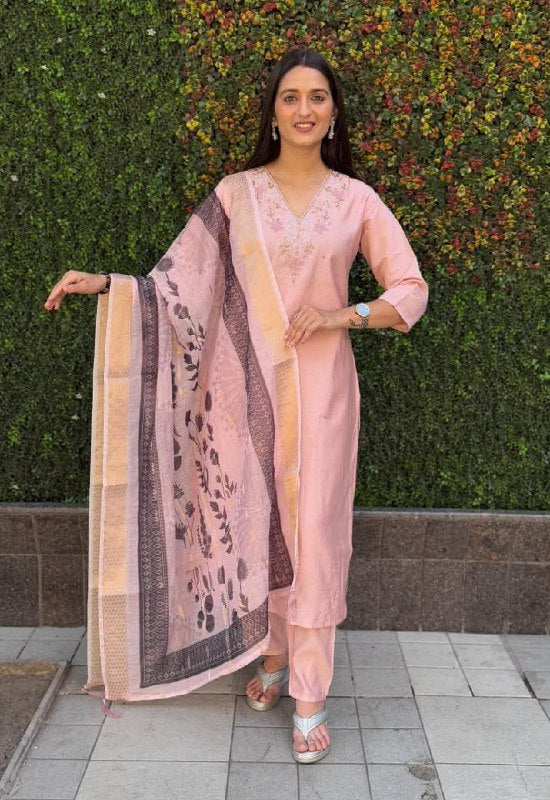 Peach Embroidered Suit Set Roohri
