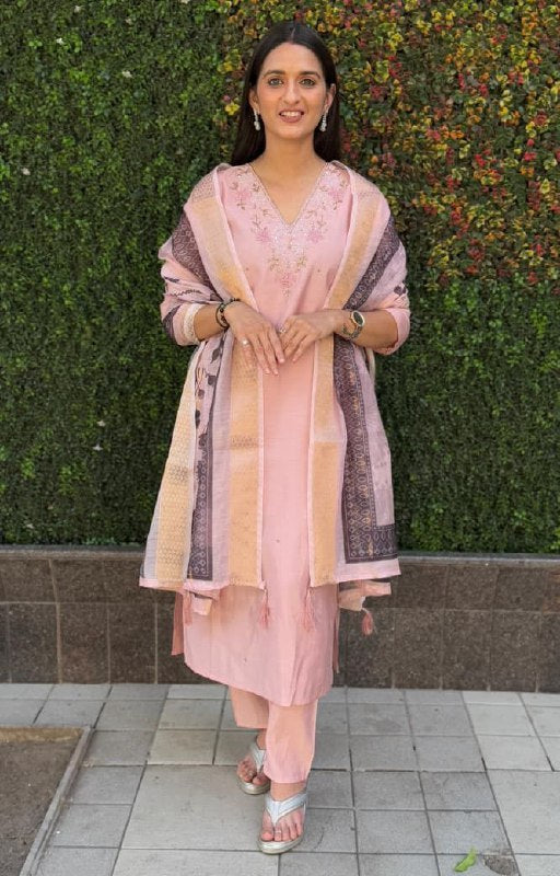 Peach Embroidered Suit Set Roohri