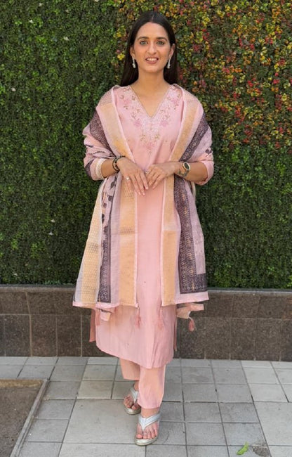 Peach Embroidered Suit Set Roohri