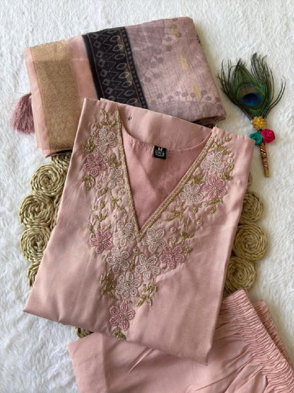 Peach Embroidered Suit Set Roohri