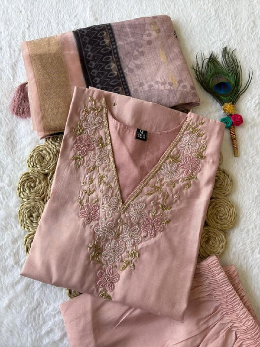Peach Embroidered Suit Set Roohri