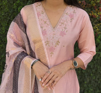 Peach Embroidered Suit Set Roohri