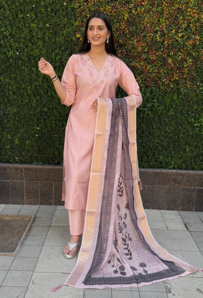 Peach Embroidered Suit Set Roohri