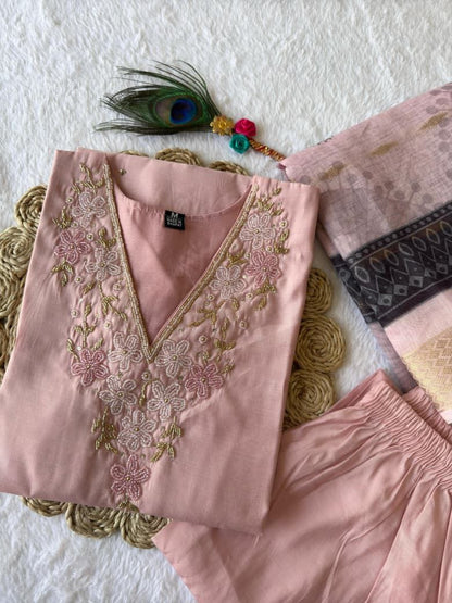 Peach Embroidered Suit Set Roohri