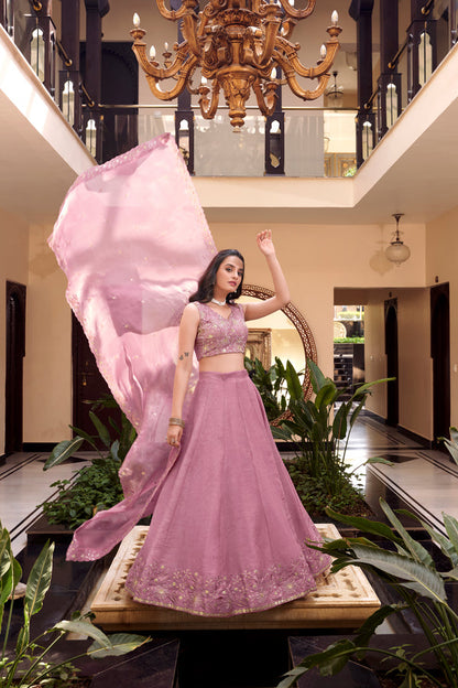 Pink Crush Silk Lehenga Choli Set Roohri