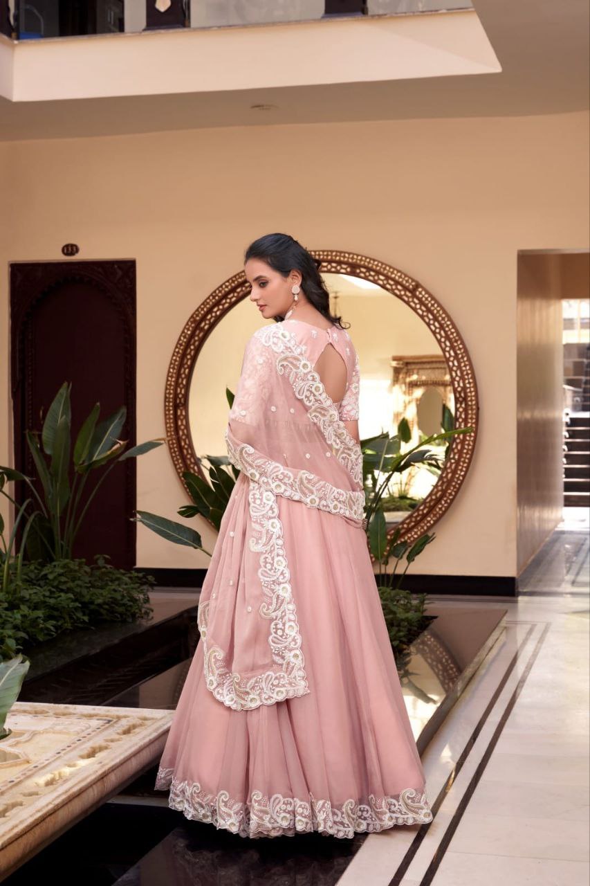 Baby Pink Crush Silk Lehenga Choli Set Roohri