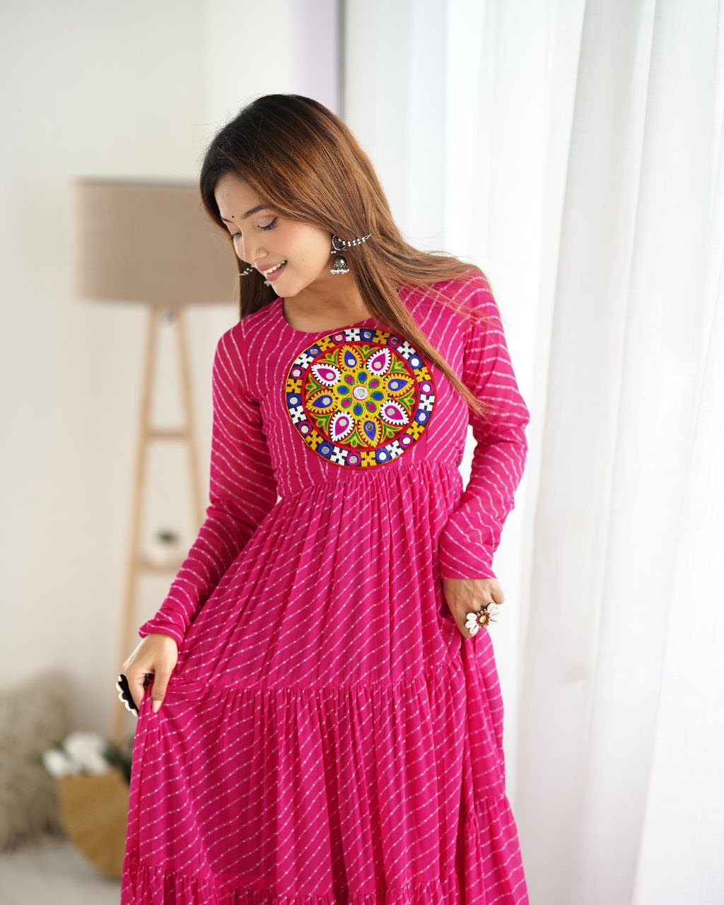 Pink Laheriya Anarkali Gown Roohri