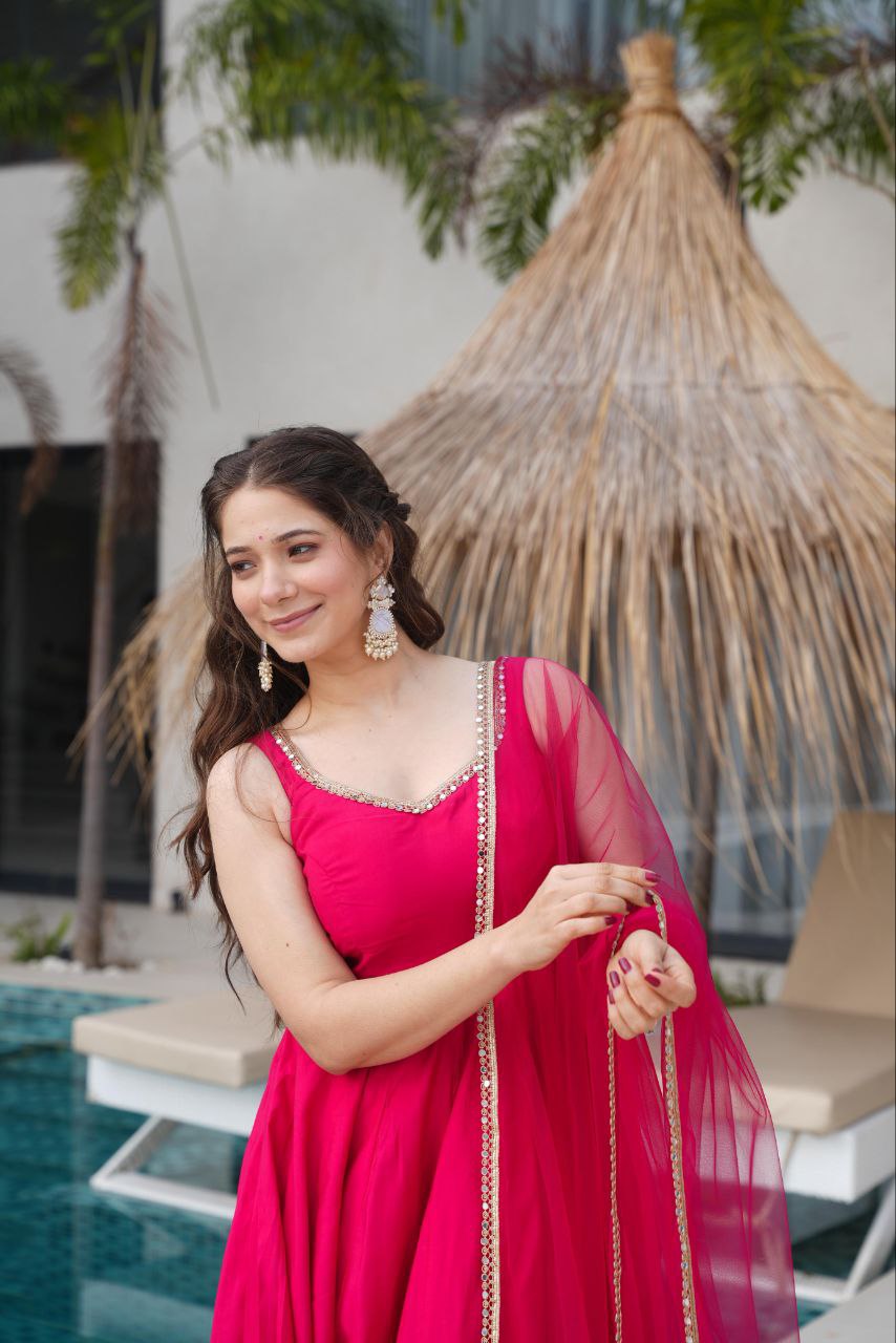 Pink Mirror Anarkali Suit Set Roohri