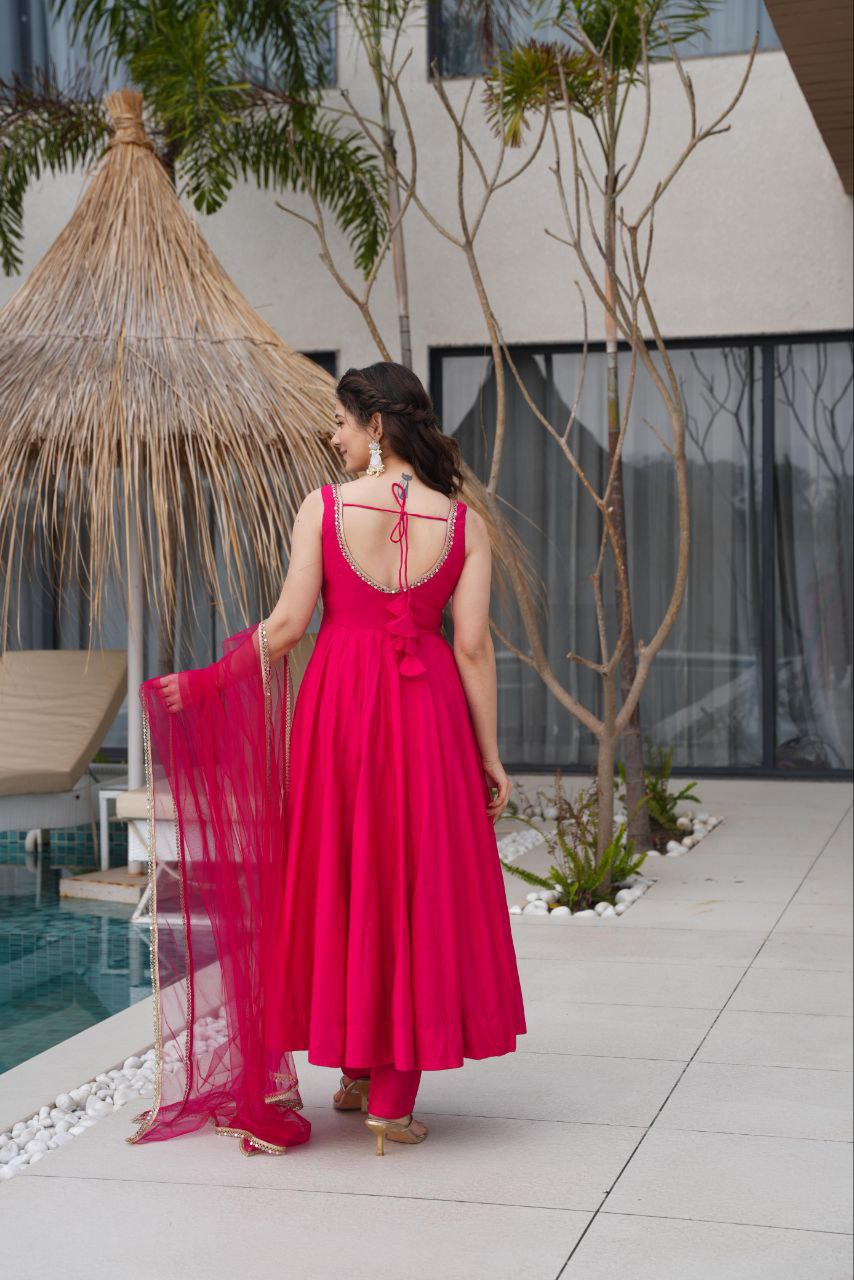 Pink Mirror Anarkali Suit Set Roohri