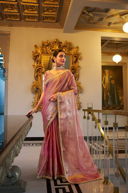 Pink Tissue Shimmer Saree Roohri