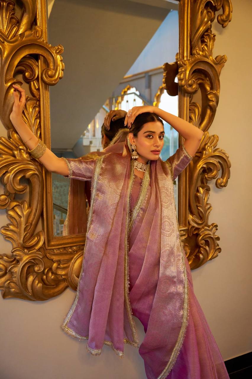 Pink Tissue Shimmer Saree Roohri
