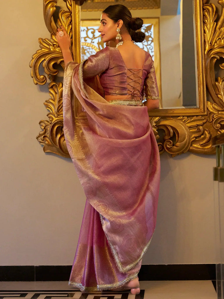 Pink Tissue Shimmer Saree Roohri